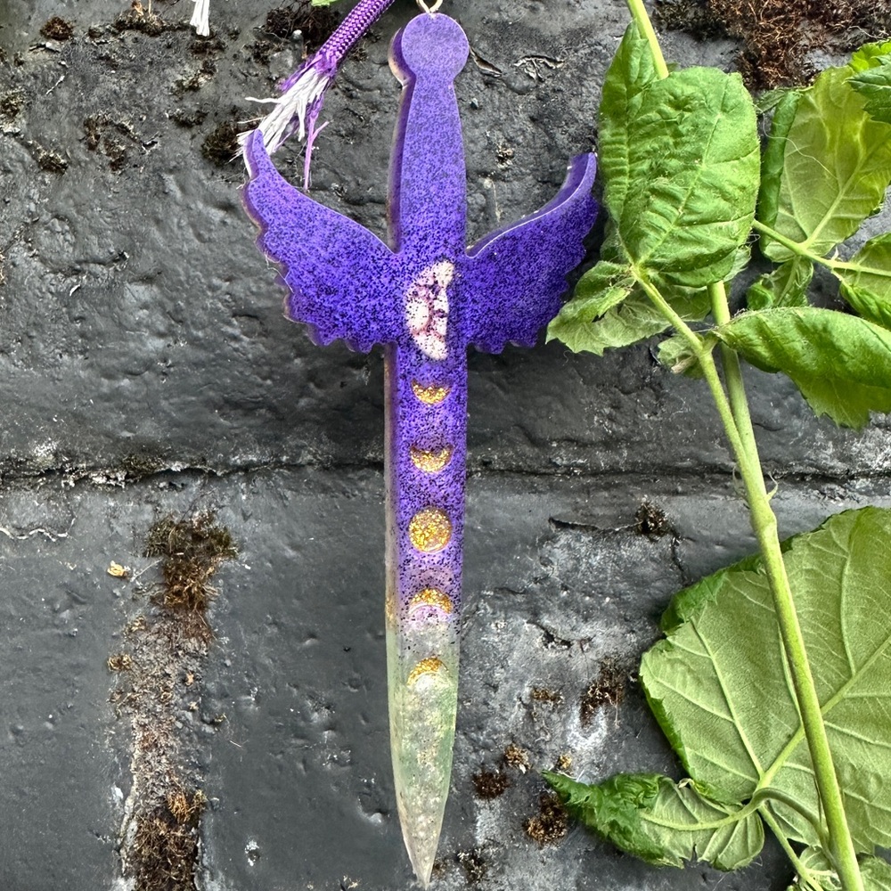 Purple Gold & Lichen Green 24K Gold Leaf Angel Wings Crescent Moon Keychain